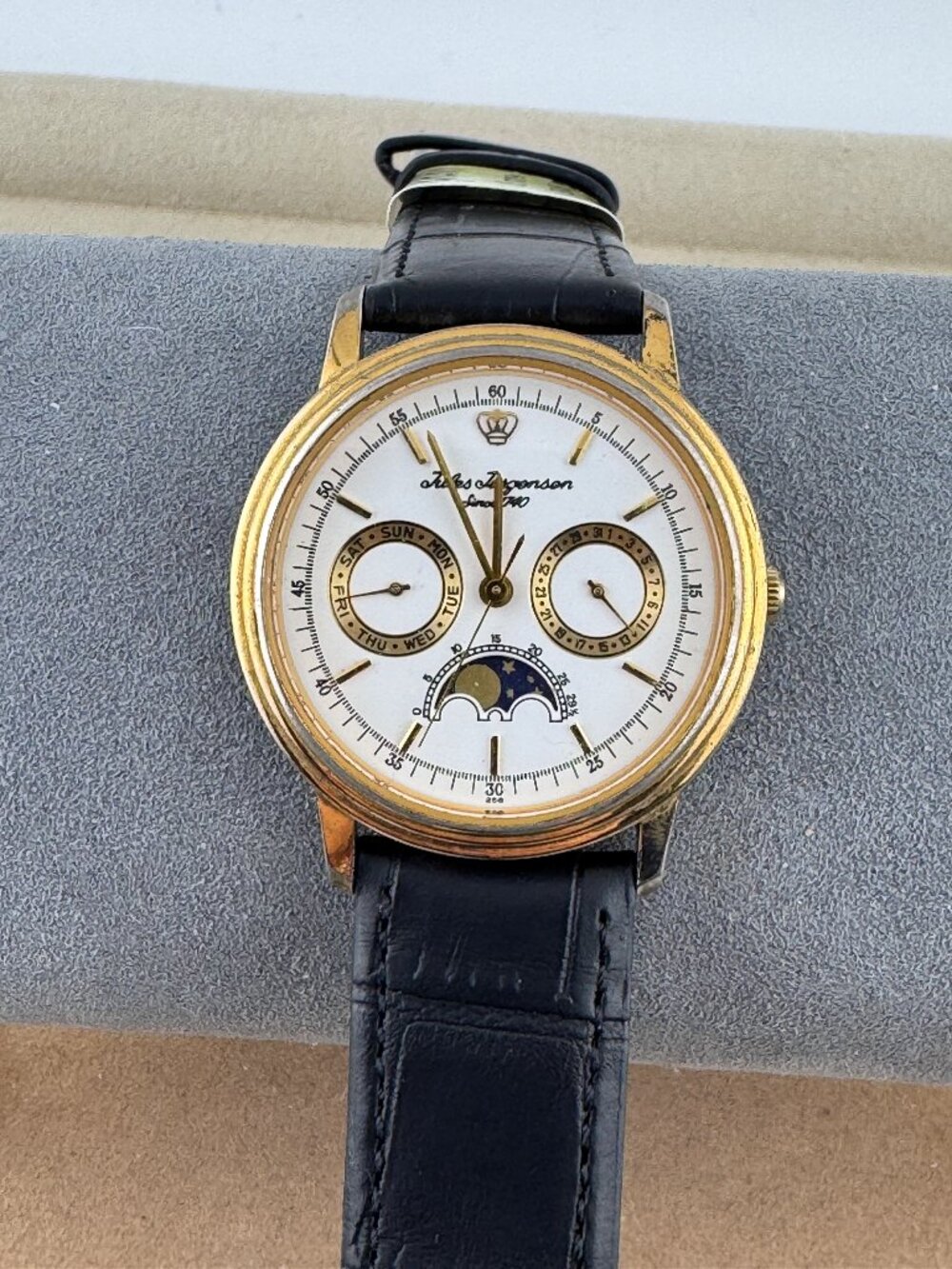 Vintage Jules Jurgensen Moon Phase Watch Day & Date 9 inch Black Leather Strap